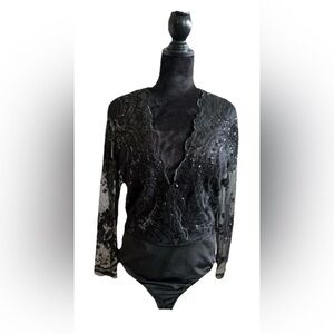 Black Sequin Plunge Bodysuit, Large